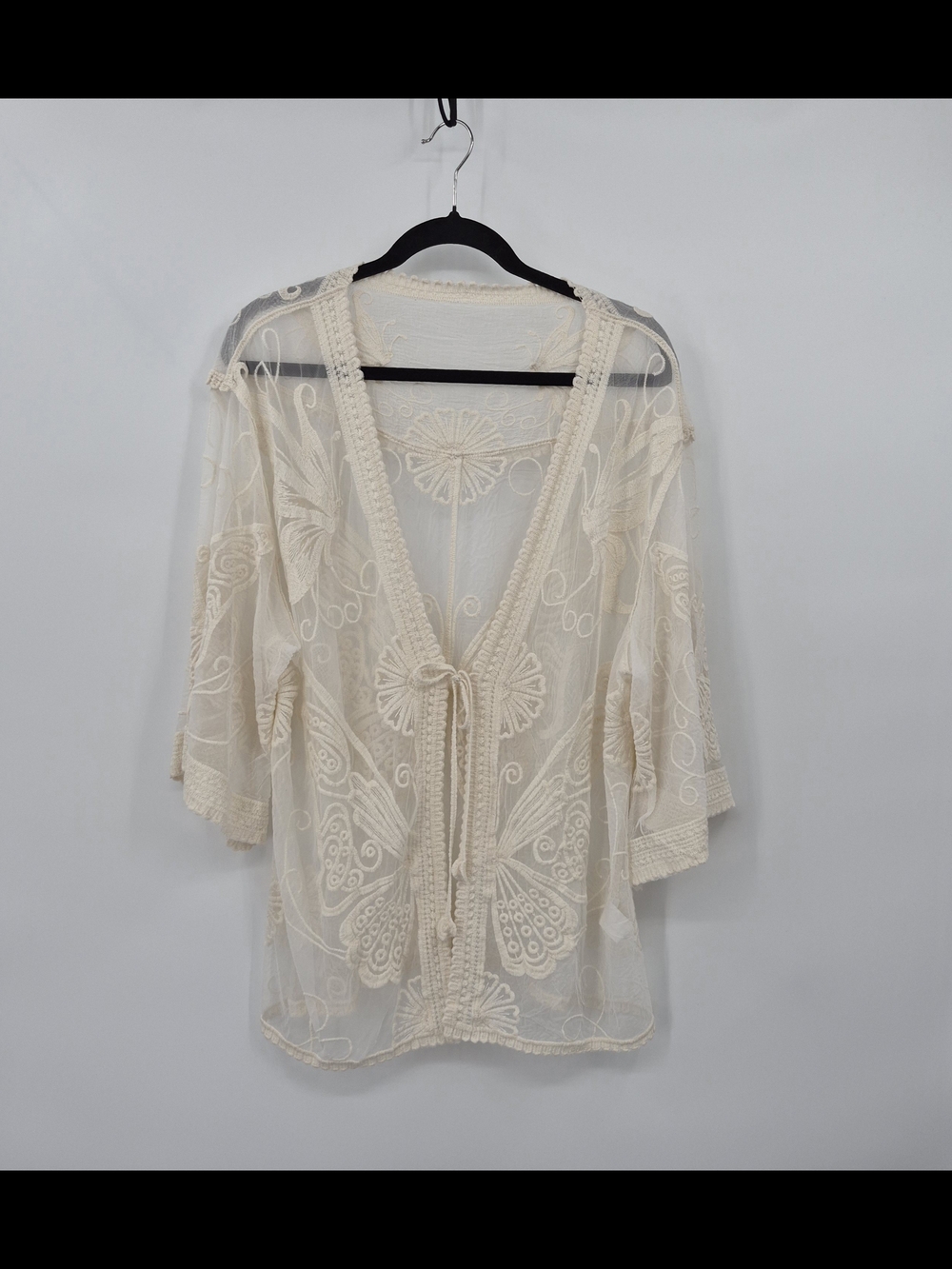 Embroidered Butterfly Cardigan Womens One Size Cream Sheer Kimono Lace Tie Front